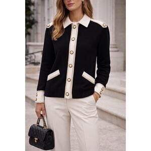 St. John Military Jacket Santana Knit Embellished Cardigan Black Beige Large